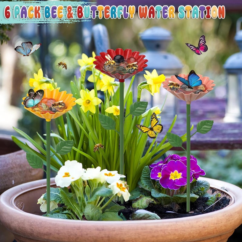 HEYTIMI 6 Pack Bee Watering Station, Bee Feeder for Garden Metal Butterfly Water Feeder Colorful Flower Design Bath Bowl with Glass Beads for Pollinators Outdoor Garden Yard & Patio Decor - Image 5